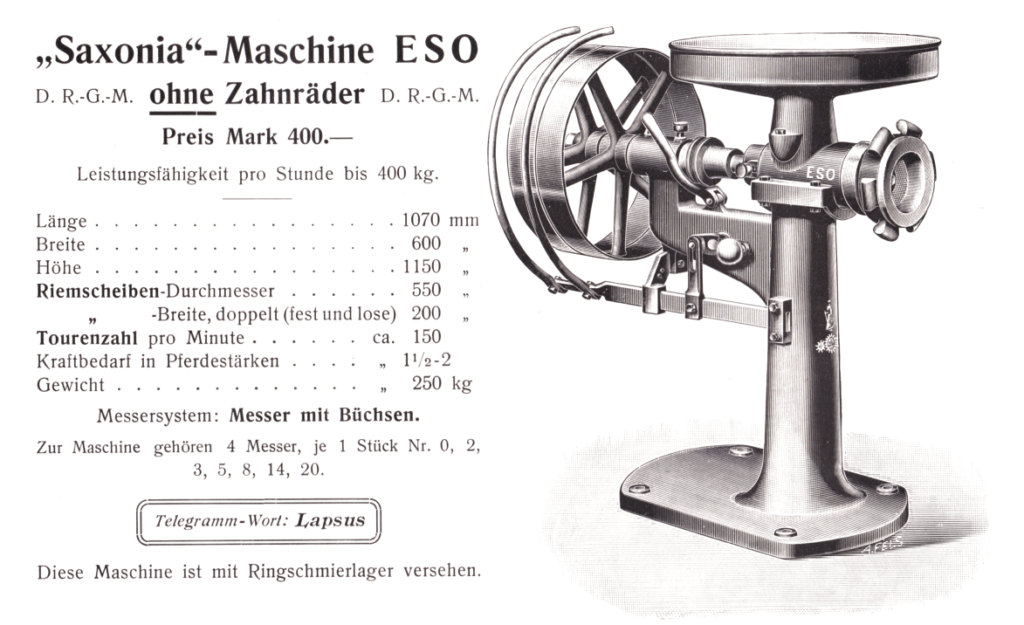 Fleischschneide-Maschinen ohne Zahnräder ESO um 1908