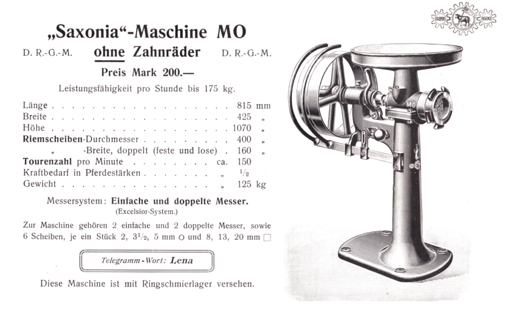 Fleischschneide-Maschinen ohne Zahnräder MO um 1908