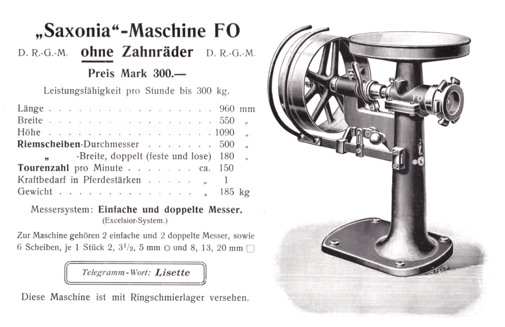Fleischschneide-Maschinen ohne Zahnräder FO um 1908