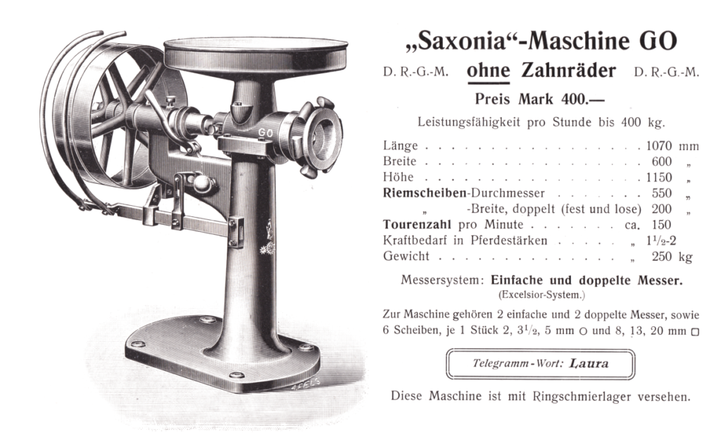 Fleischschneide-Maschinen ohne Zahnräder GO um 1908