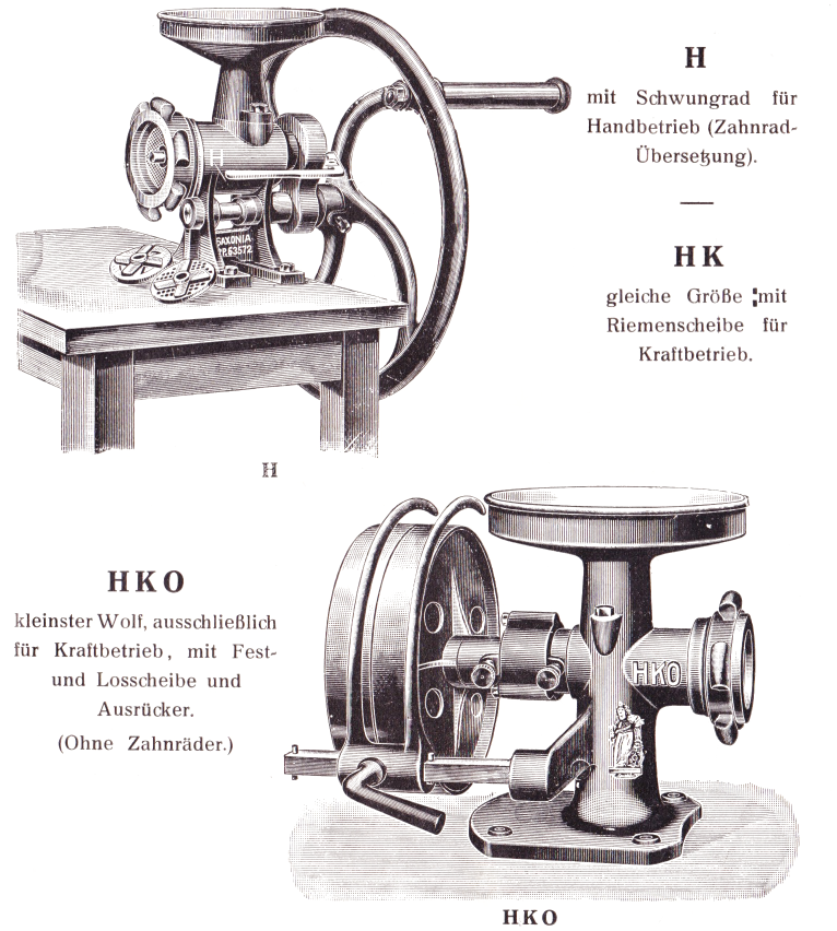 "Saxonia"-Fleischschneide-Maschinen Typen H, HK, HKO  um 1924