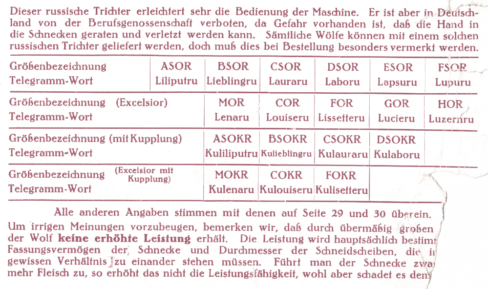 "Saxonia"-Fleischschneide-Maschine mit russischem Trichter 1927 Beschreibungsfragment
