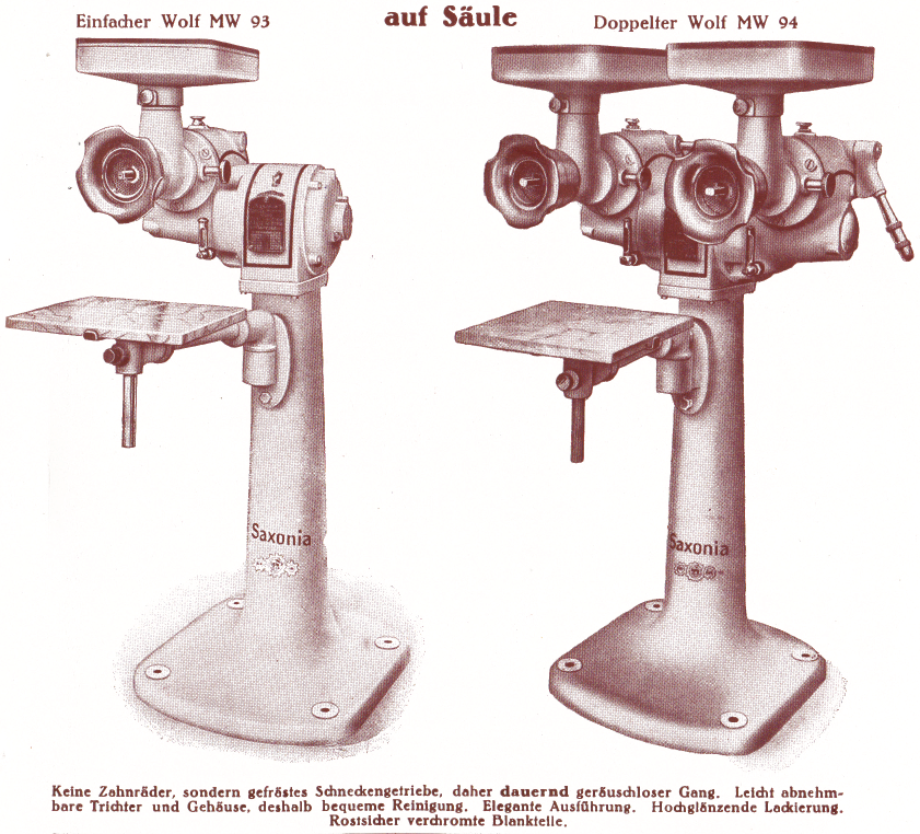 "Saxonia"- Elektro-Schabefleischwolf auf Säule MW 93 und 94 D.R.P. und D.R.G.M.
