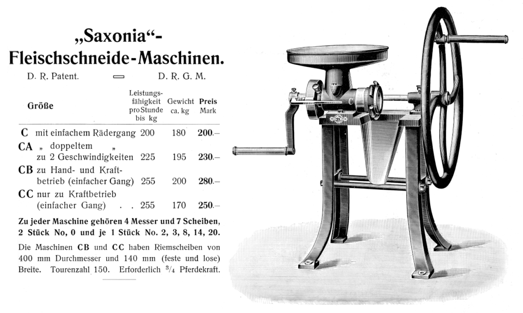 Saxonia Fleischschneide-Maschinen Typen C um 1906