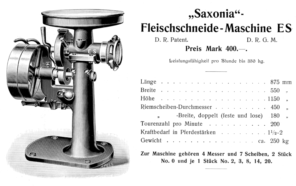 Saxonia Fleischschneide-Maschinen Typ ES um 1906