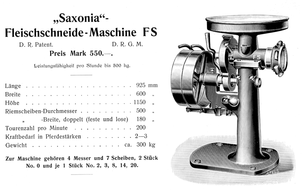 Saxonia Fleischschneide-Maschinen Typ FS um 1906