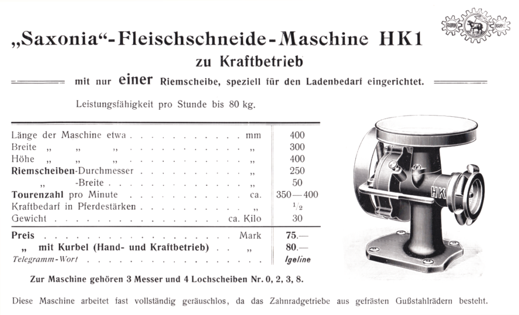 "Saoxonia"-Fleischschneide-Maschine HK mit Kraftbetrieb mit 1er Riemscheibe um 1908