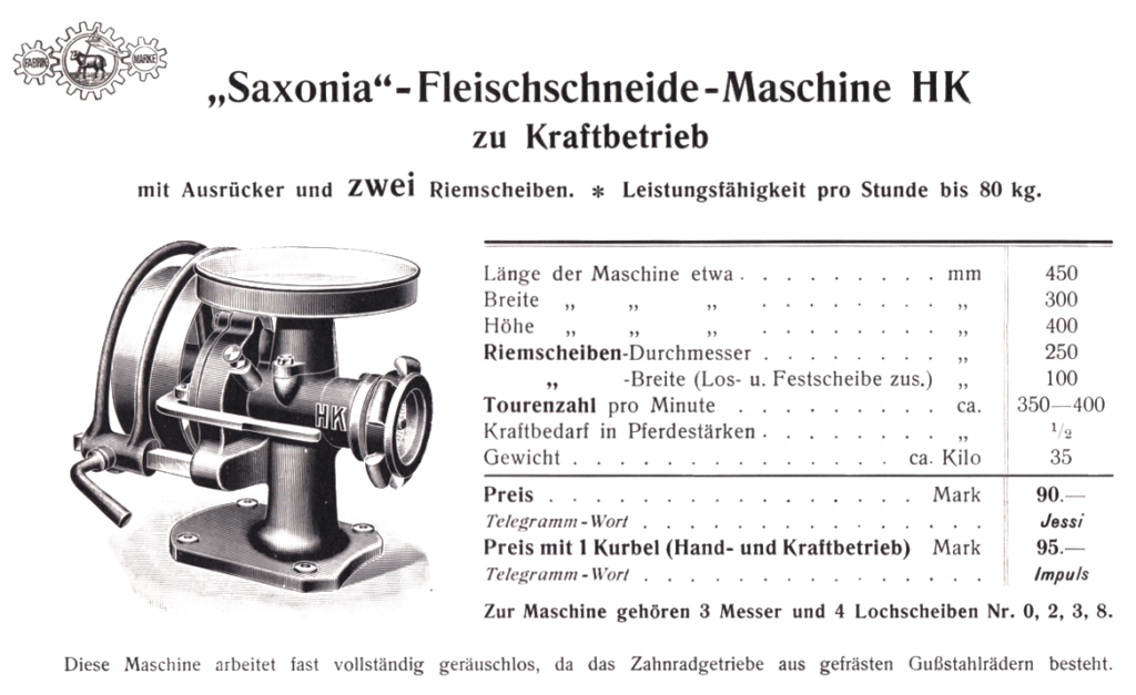 "Saoxonia"-Fleischschneide-Maschine HK mit Kraftbetrieb und 2 Riemscheiben um 1908