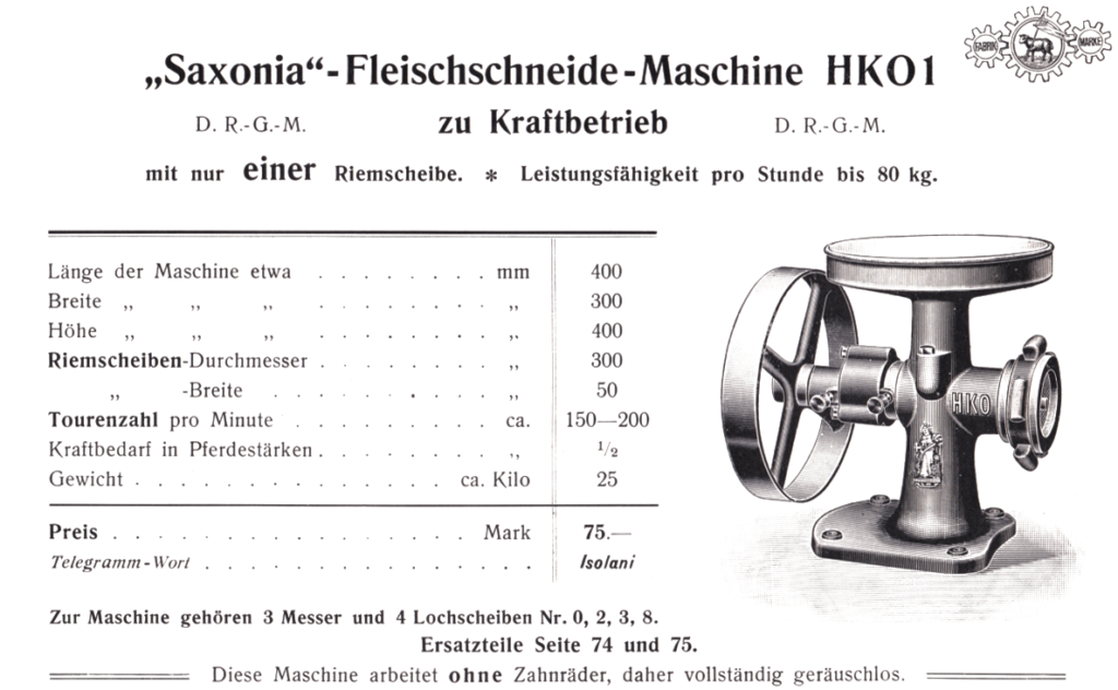 "Saoxonia"-Fleischschneide-Maschine HKO1 mit Kraftbetrieb um 1908
