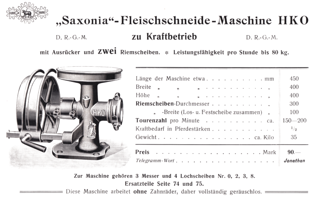 "Saoxonia"-Fleischschneide-Maschine HKO mit Kraftbetrieb um 1908