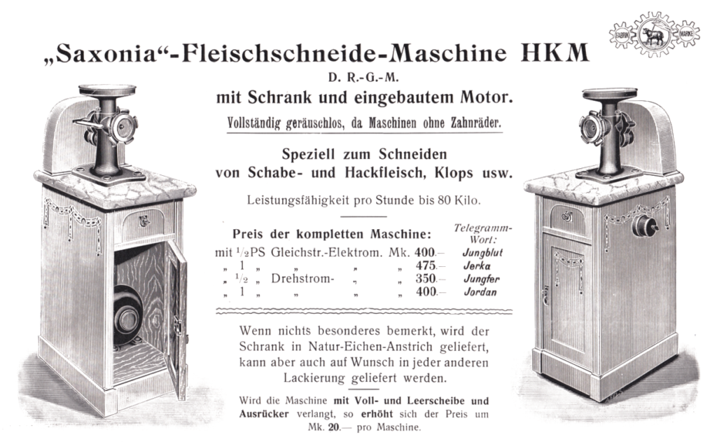"Saxonia"-Fleischschneide-Maschine HKM mit Schrank und Motor um 1908
