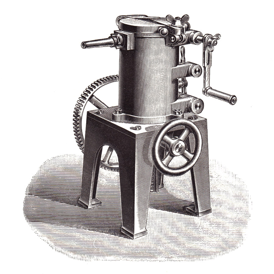 Wurstfüllmaschine stehender Konstruktion für Kraftbetrieb um 1900