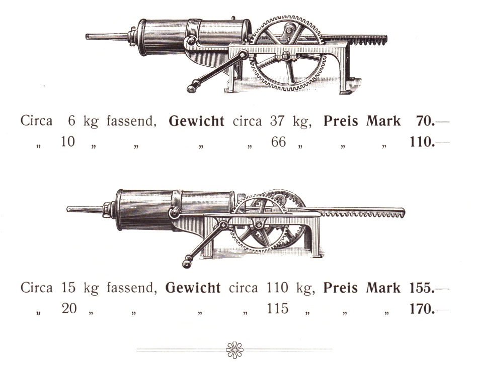 Wurstfüll-Maschinen liegender Konstruktion. 1900
