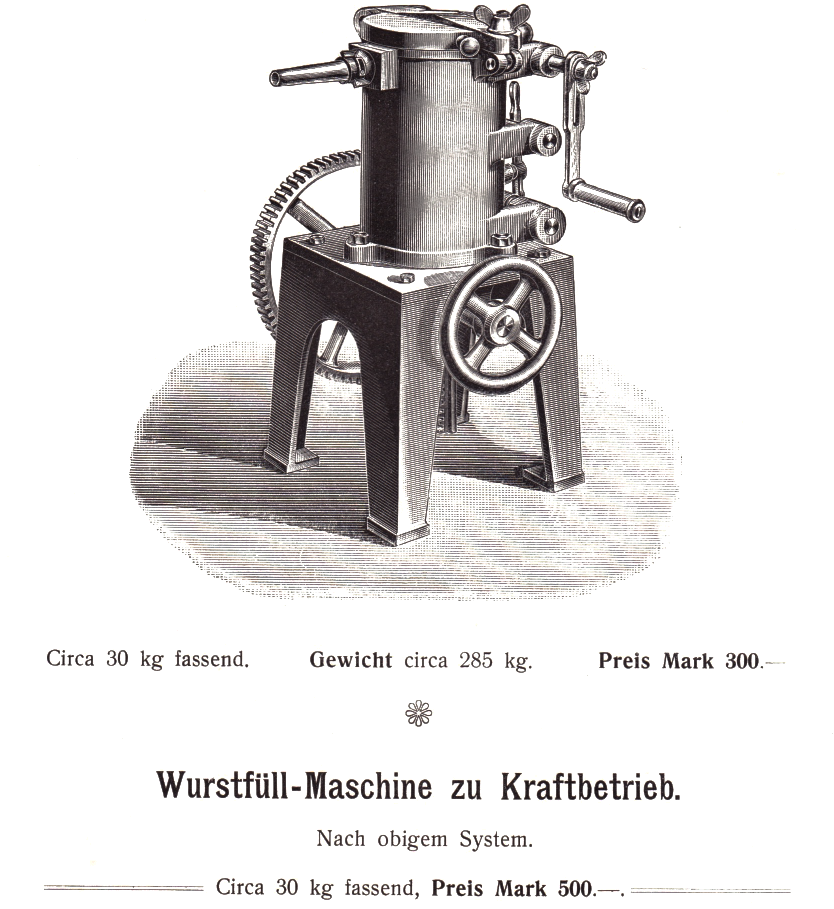 Wurstfüll-Maschine stehender Konstruktion für Kraftbetrieb um 1900
