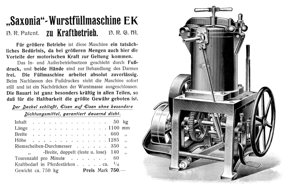 Wurstfüll-Maschine Saxonia Typ EK - techn. Stand 1906 (Kraftbetrieb)
