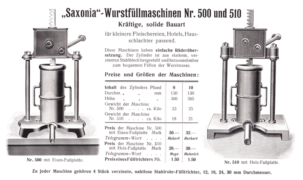 "Saxonia" - Wurstfüllmaschinen Nr 500 und 510 - ca. 1908