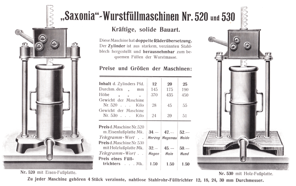 "Saxonia" Wurstfüllmaschinen Nr. 520 und 530 - mit Räderübersetzung ca. 1908