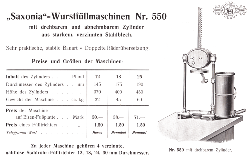 "Saxonia" Wurstfüllmaschine Nr. 550 - mit doppelter Räderübersetzung ca. 1908