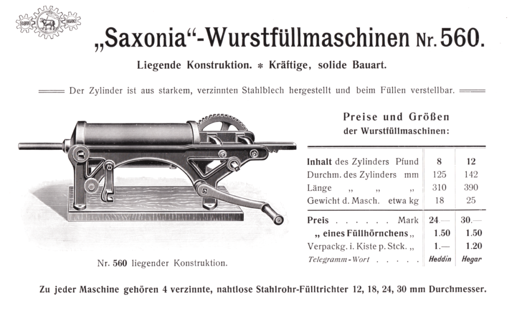 "Saxonia" Wurstfüllmaschine Nr. 560 liegende Konstruktion ca. 1908