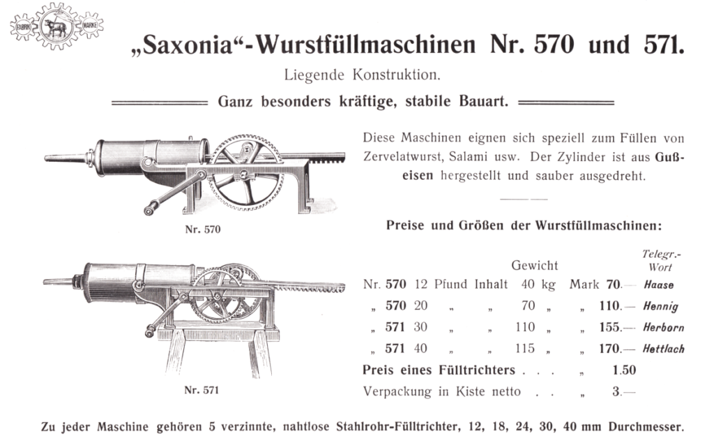 "Saxonia" Wurstfüllmaschinen Nr. 570 und 571 liegende Konstruktion - ca. 1908 