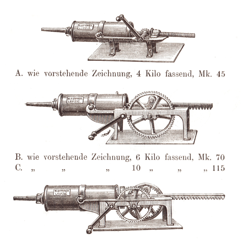 Wurstfüll-Maschinen 1888 Typ A-C von
Wilh. Wommer in Leipzig