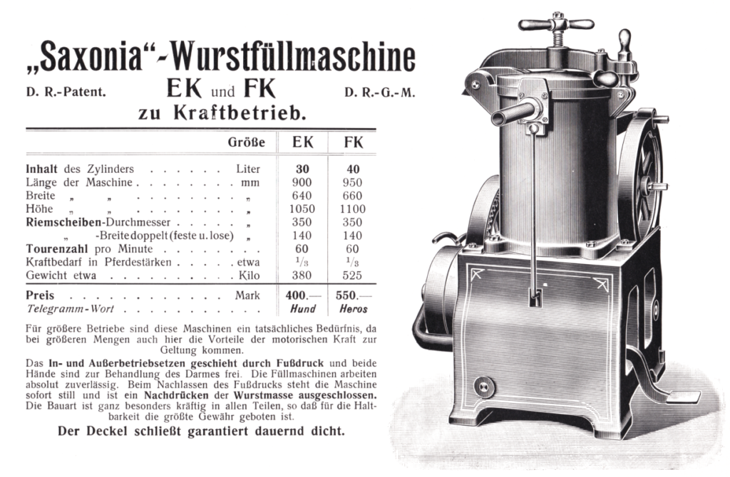 "Saxonia" - Wurstfüllmaschine EK und FK zu Kraftbetrieb - ca. 1908