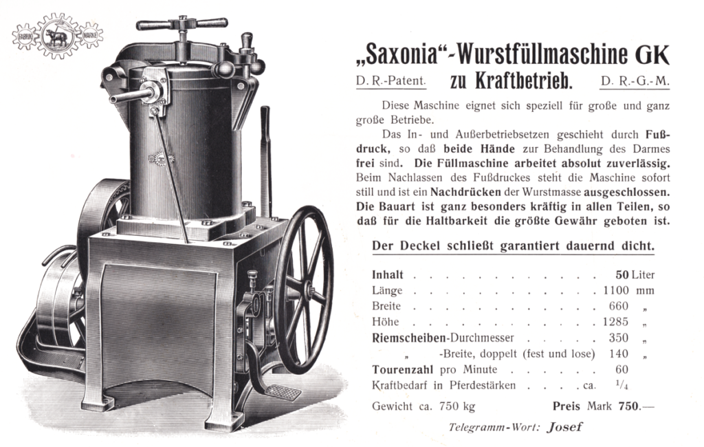 "Saxonia" - Wurstfüllmaschine GK zu Kraftbetrieb - ca. 1908