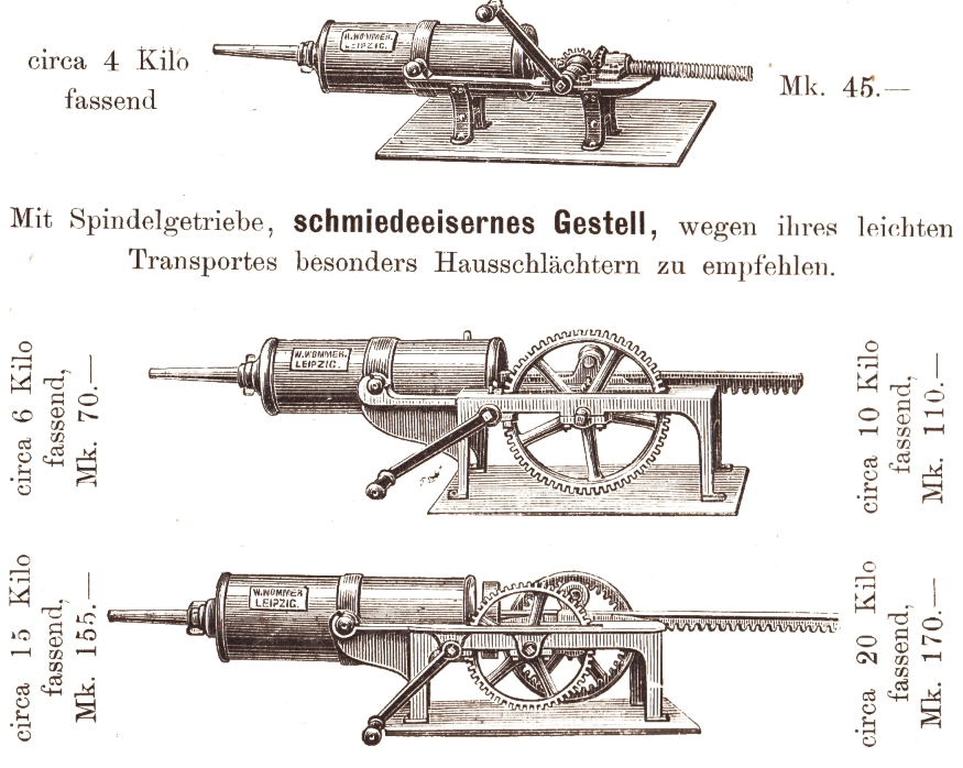 Wurstfüll-Maschinen in liegender Konstruktion - ca. 1892

