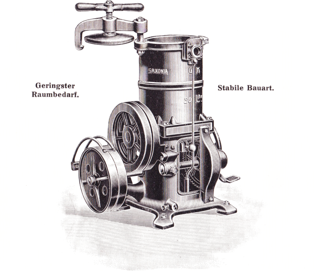 "Saxonia" -Wurstfüllmaschine  Neuestes Modell auf Säule - Nur für Kraftbedarf im Jahr 1924
