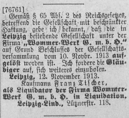 Auflösung der Gesellschaft und Liquidation im November 1913