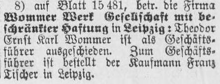 Austritt Karl Wommer als Geschäftsführer; 28.07.1913