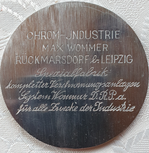 Plakette Chrom-Industrie Max Wommer Rückmarsdorf b. Leipzig